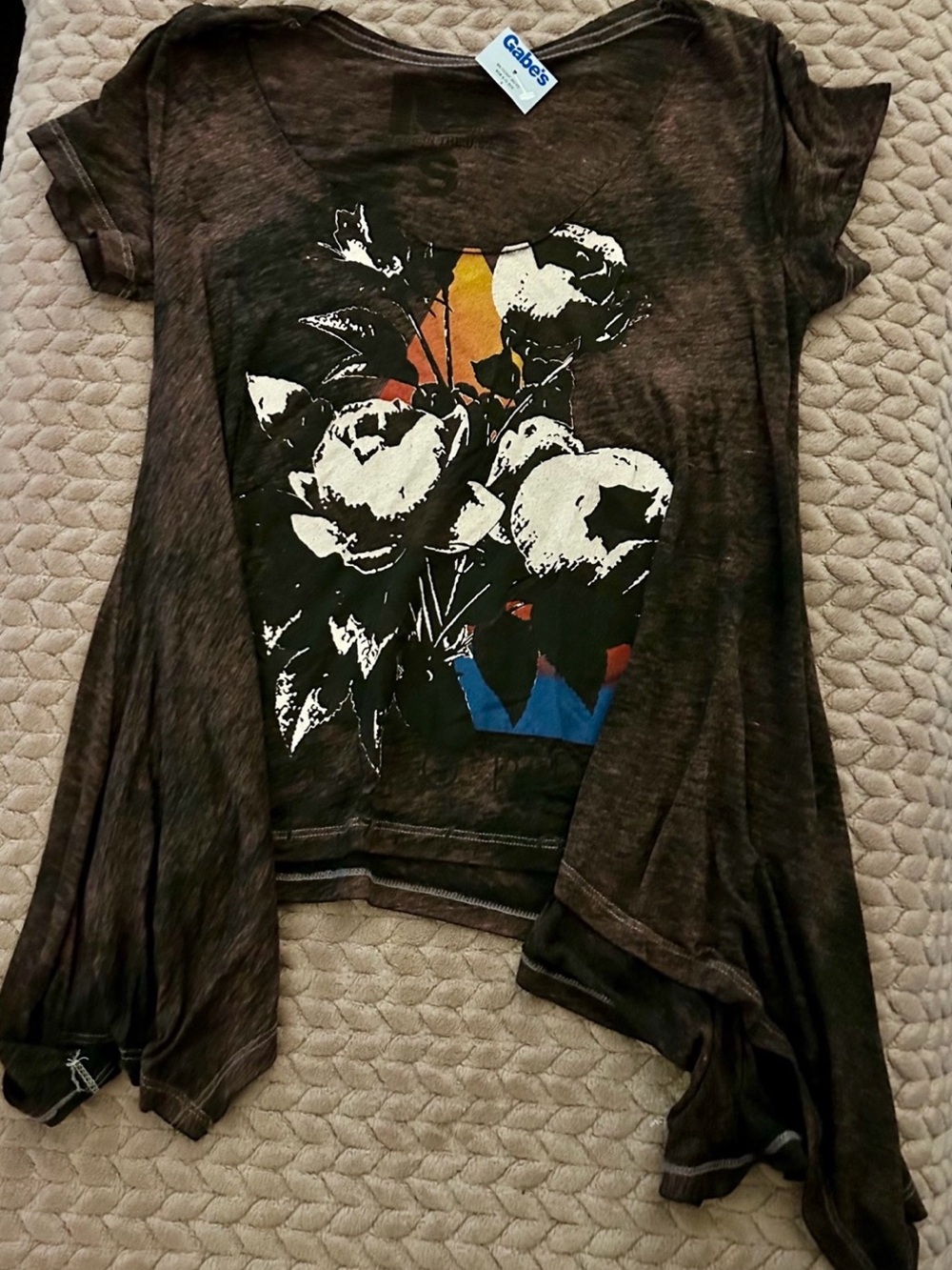 New Rebel Yell Brown Tye-Dye Floral TOP Asymmetric hem size S